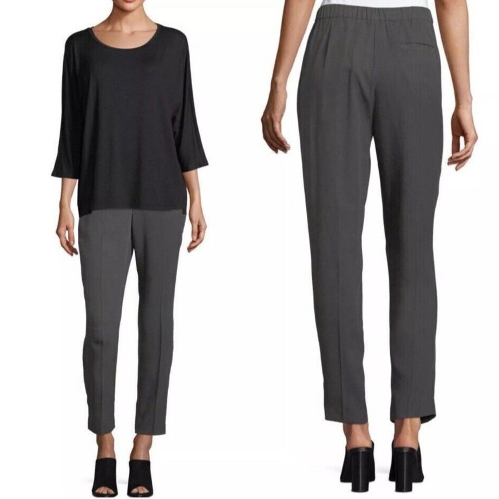 EUC Women's EILEEN FISHER Woven Tencel Grain‎ Pants Gray | Size Petite Large